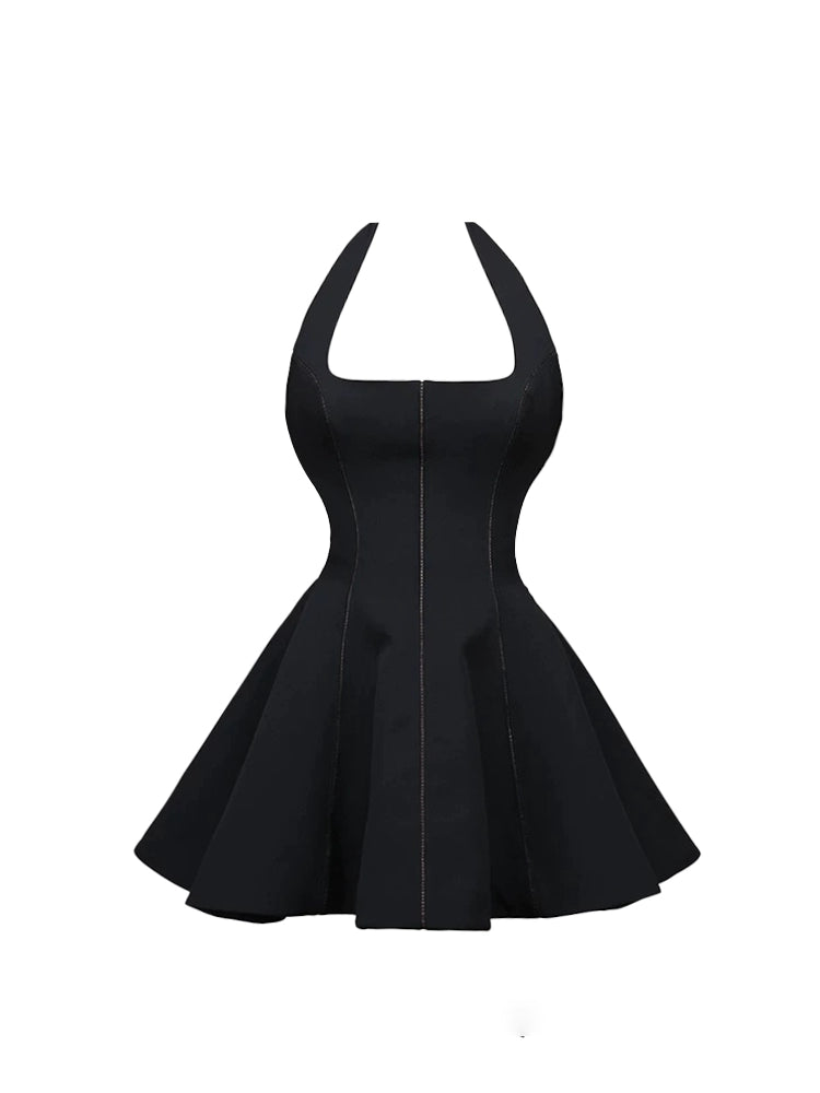 Sexy Social Gatherings Flared Mini Skirt Trendy Black Halter Neck A-Line Short Dress AP5211