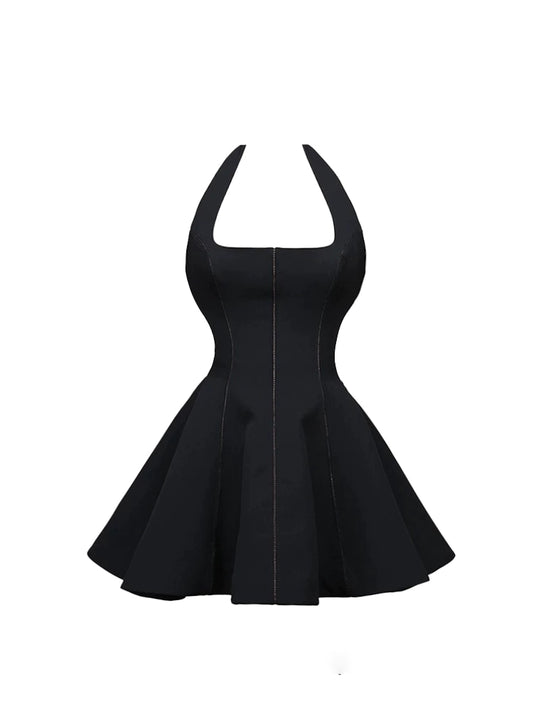 Sexy Social Gatherings Flared Mini Skirt Trendy Black Halter Neck A-Line Short Dress AP5211