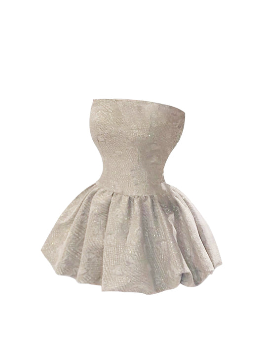 Vogue Light Gray Strapless A-Line Mini Skirt Sparkly Textured Fabric Fitted Waist Short Dress AP5212