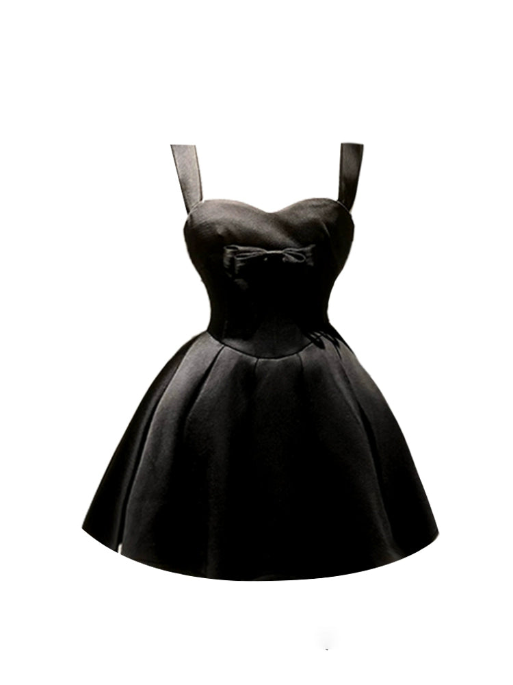 Modern Sweetheart Neckline Bow Accent Mini Skirt Elegant A-Line Black Spaghetti Strap Short Dress AP5213