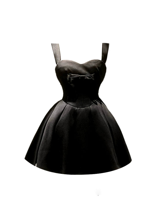 Modern Sweetheart Neckline Bow Accent Mini Skirt Elegant A-Line Black Spaghetti Strap Short Dress AP5213