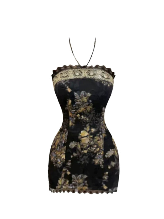 Princess Ornate Trim Bodycon Mini Skirt Trendy Black & Gold Floral-Print Halter Short Dress AP5214