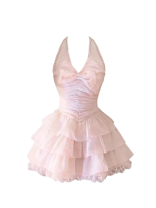 Pretty Bow Lace Details Tiered A-Line Mini Skirt Dreamy Ruffle Hem Blush Halter Short Dress AP5215
