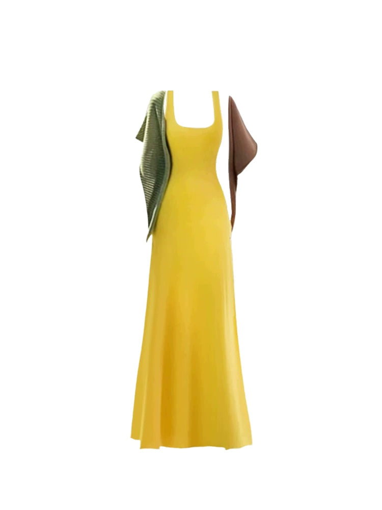 Simple Square Neck A-Line Maxi Skirt With Shawl Vogue Slim Fit Flared Hem Spaghetti Strap Long Dress AP5216