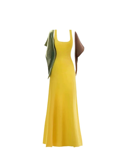 Simple Square Neck A-Line Maxi Skirt With Shawl Vogue Slim Fit Flared Hem Spaghetti Strap Long Dress AP5216