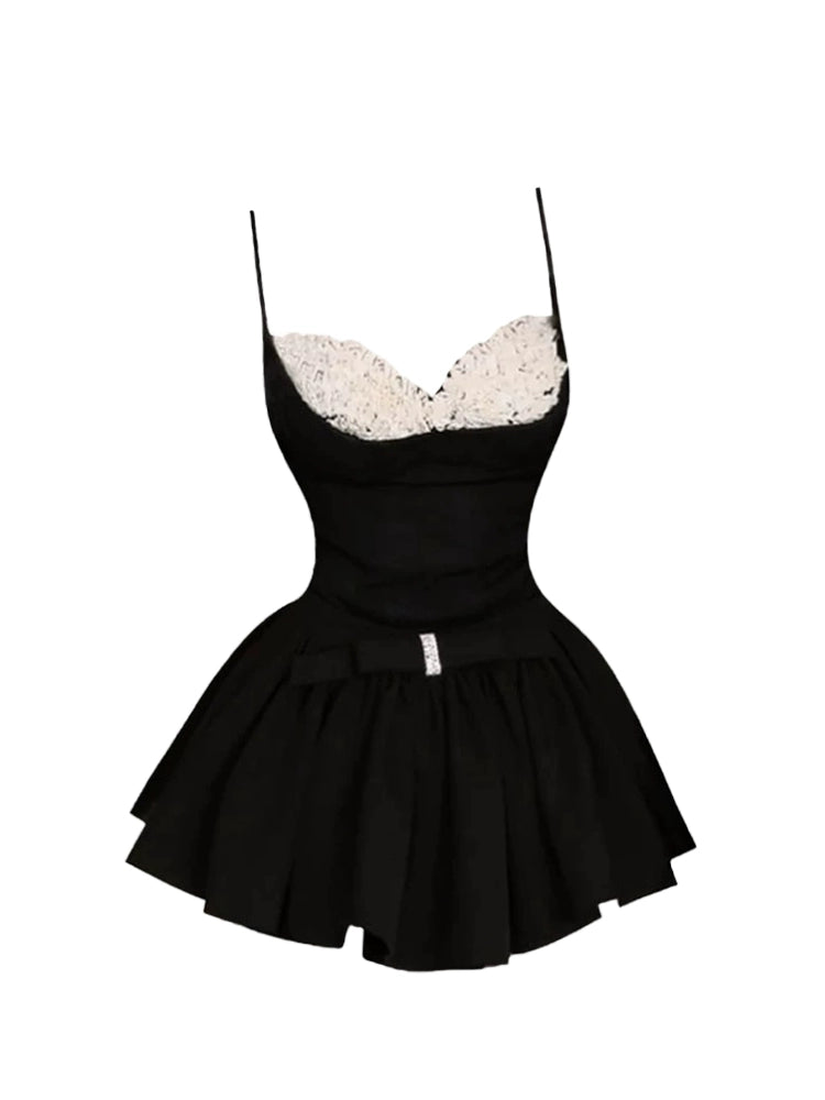 Delicate White Lace A-Line Sweetheart Neck Mini Skirt Elegant Bow-Waist Black Spaghetti Strap Short Dress AP5218