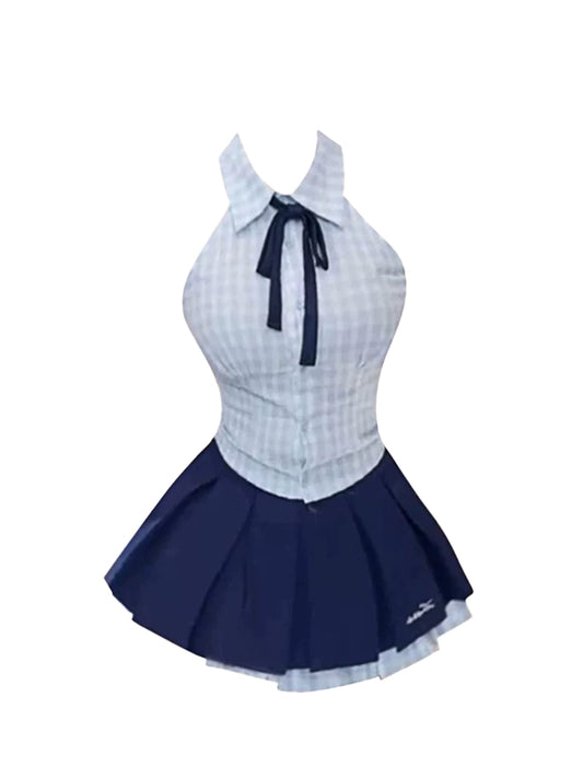 Hot Girls Collared Navy Bow Pleated A-Line Mini Skirt Chic Preppy Lapel Neck Plaid Short Dress AP5219