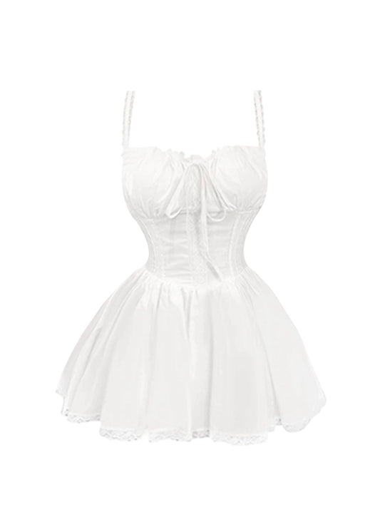 Gen Z Style Bow Detail Ruffled Lace Hem A-Line Mini Skirt Elegant White Spaghetti Strap Corset Short Dress AP5220