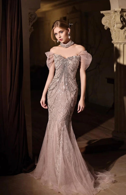 Bling Tulle Off-Shoulder Evening Mermaid Gowns Sequins Beading Prom Dress AP5221