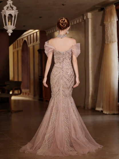 Bling Tulle Off-Shoulder Evening Mermaid Gowns Sequins Beading Prom Dress AP5221