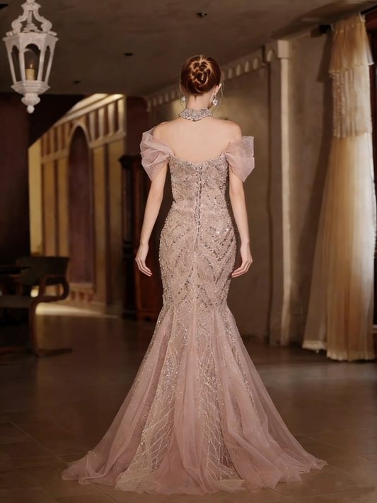Bling Tulle Off-Shoulder Evening Mermaid Gowns Sequins Beading Prom Dress AP5221