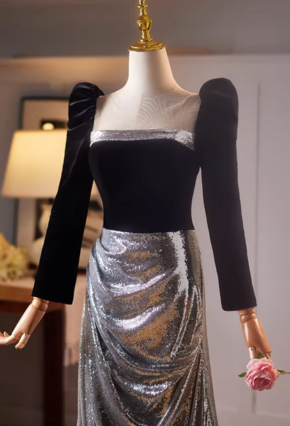 Stylish Sheath Silver Sequins Draped Evening Gowns Long Sleeve Square Neck Black Velvet Prom Dress AP5222