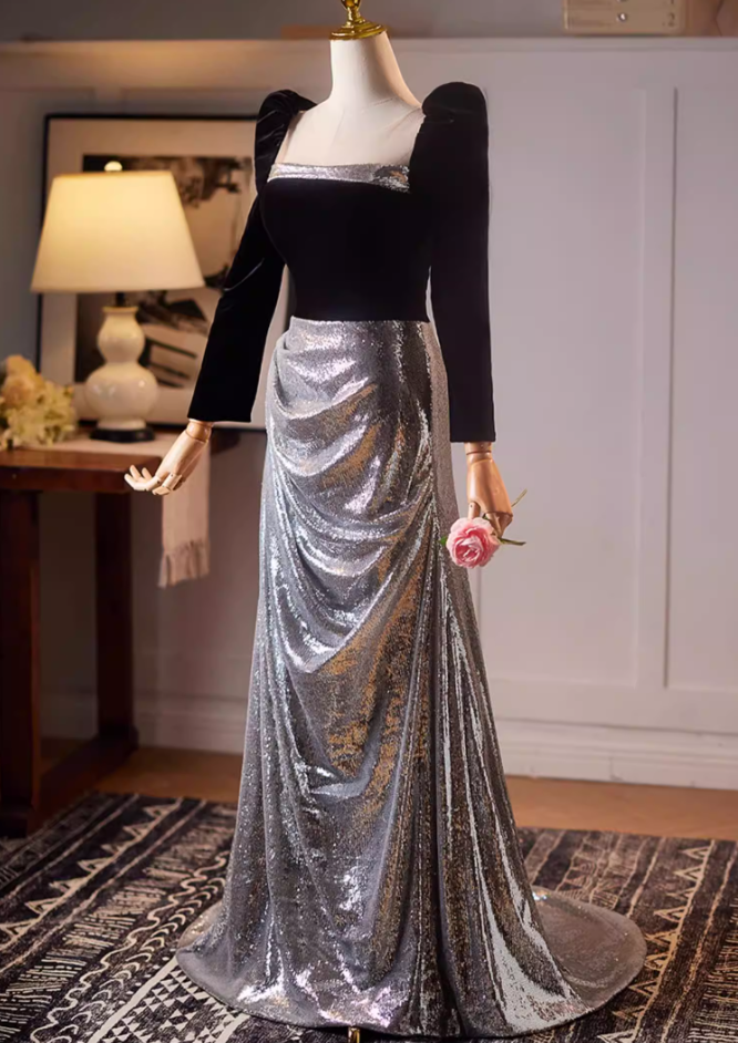 Stylish Sheath Silver Sequins Draped Evening Gowns Long Sleeve Square Neck Black Velvet Prom Dress AP5222