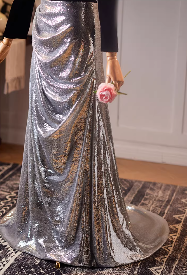 Stylish Sheath Silver Sequins Draped Evening Gowns Long Sleeve Square Neck Black Velvet Prom Dress AP5222