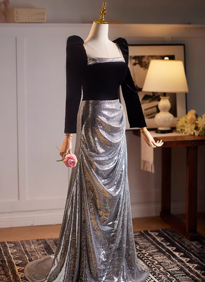 Stylish Sheath Silver Sequins Draped Evening Gowns Long Sleeve Square Neck Black Velvet Prom Dress AP5222