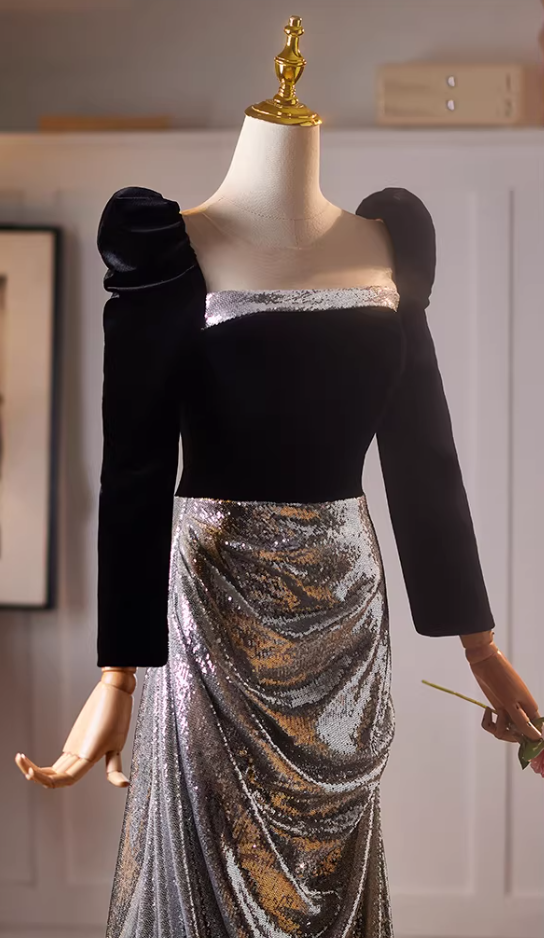 Stylish Sheath Silver Sequins Draped Evening Gowns Long Sleeve Square Neck Black Velvet Prom Dress AP5222