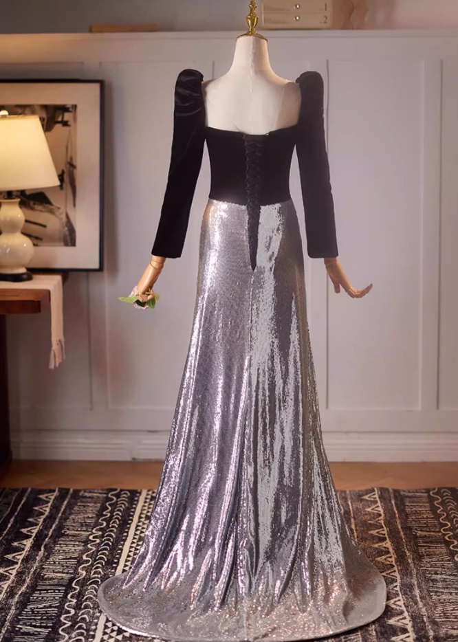 Stylish Sheath Silver Sequins Draped Evening Gowns Long Sleeve Square Neck Black Velvet Prom Dress AP5222