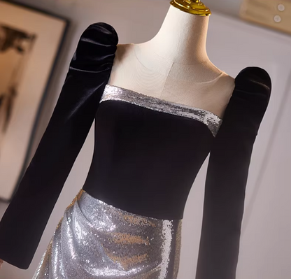 Stylish Sheath Silver Sequins Draped Evening Gowns Long Sleeve Square Neck Black Velvet Prom Dress AP5222