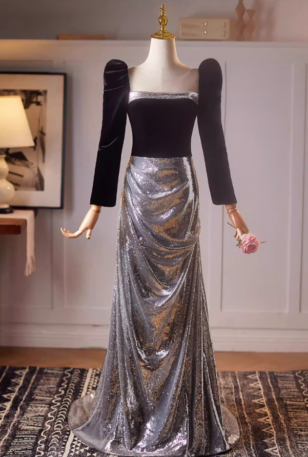 Stylish Sheath Silver Sequins Draped Evening Gowns Long Sleeve Square Neck Black Velvet Prom Dress AP5222