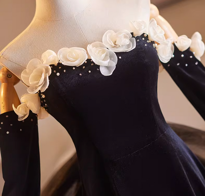 Fitted Off-Shoulder Black A-Line Sweet 16th Dresses Beads Appliques Long Sleeve Velvet Prom Dress AP5223