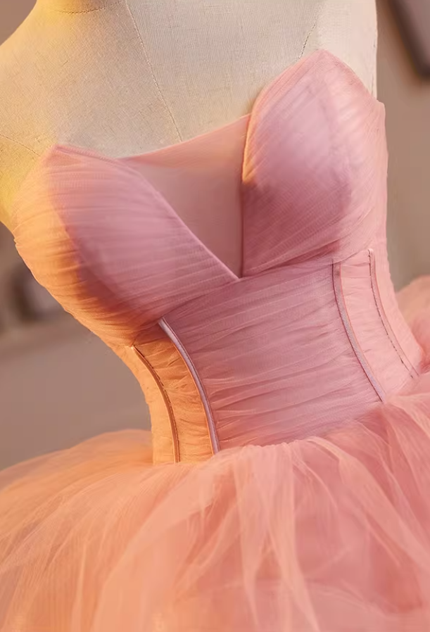 Flattering Strapless A-Line Tiered Sweet 16th Gowns Pink Tulle Prom Dress AP5224