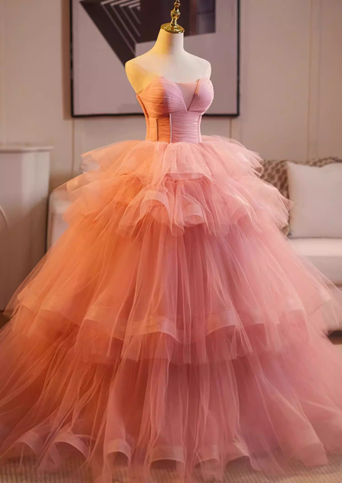 Flattering Strapless A-Line Tiered Sweet 16th Gowns Pink Tulle Prom Dress AP5224