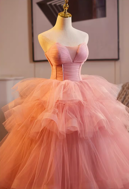 Flattering Strapless A-Line Tiered Sweet 16th Gowns Pink Tulle Prom Dress AP5224