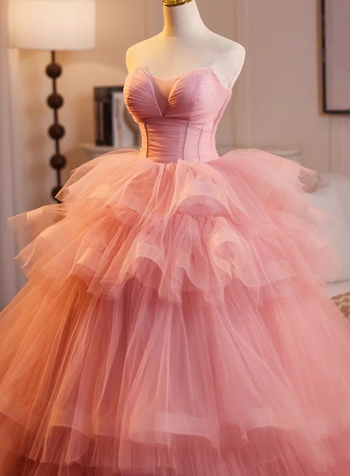 Flattering Strapless A-Line Tiered Sweet 16th Gowns Pink Tulle Prom Dress AP5224