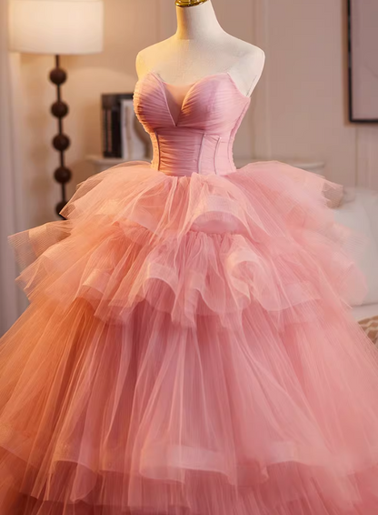 Flattering Strapless A-Line Tiered Sweet 16th Gowns Pink Tulle Prom Dress AP5224