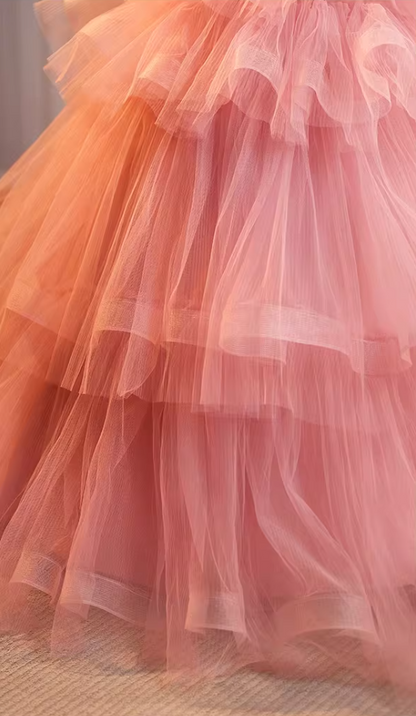 Flattering Strapless A-Line Tiered Sweet 16th Gowns Pink Tulle Prom Dress AP5224