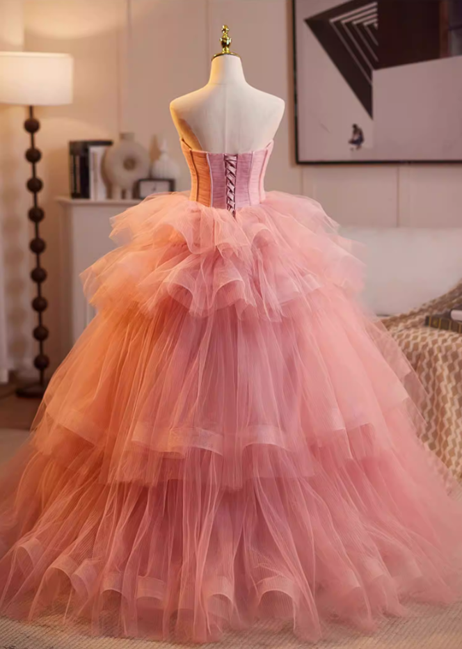 Flattering Strapless A-Line Tiered Sweet 16th Gowns Pink Tulle Prom Dress AP5224