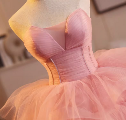 Flattering Strapless A-Line Tiered Sweet 16th Gowns Pink Tulle Prom Dress AP5224