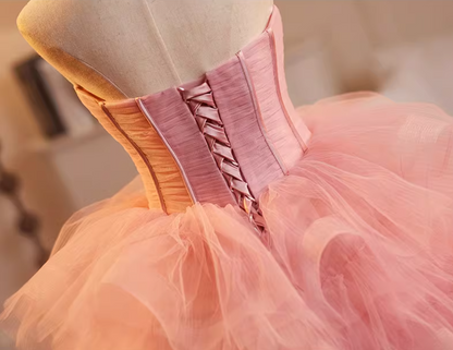 Flattering Strapless A-Line Tiered Sweet 16th Gowns Pink Tulle Prom Dress AP5224