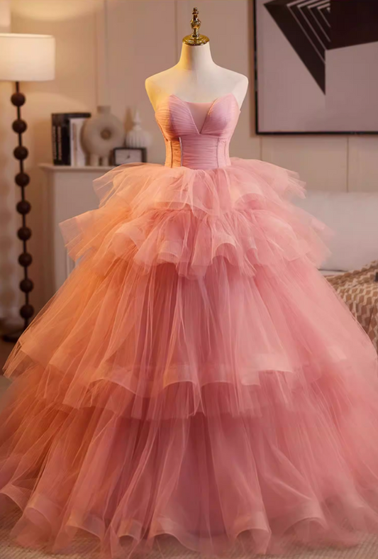 Flattering Strapless A-Line Tiered Sweet 16th Gowns Pink Tulle Prom Dress AP5224