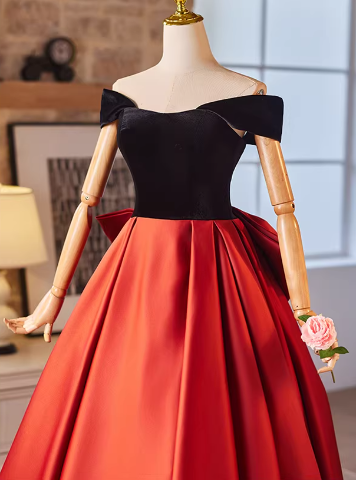 Trendy Off-Shoulder Velvet Satin A-Line Sweet 16th Dresses Bow Color-Blocked Prom Dress AP5225