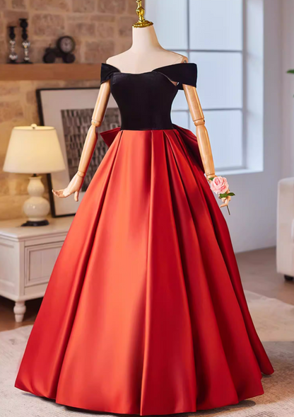 Trendy Off-Shoulder Velvet Satin A-Line Sweet 16th Dresses Bow Color-Blocked Prom Dress AP5225