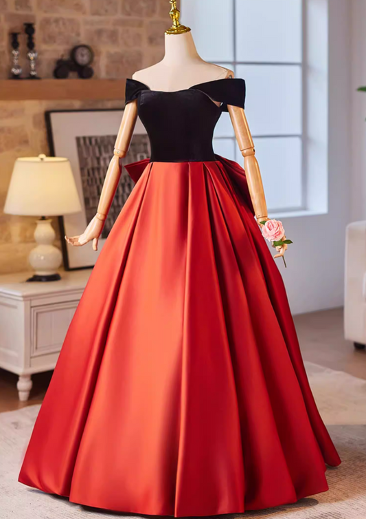 Trendy Off-Shoulder Velvet Satin A-Line Sweet 16th Dresses Bow Color-Blocked Prom Dress AP5225
