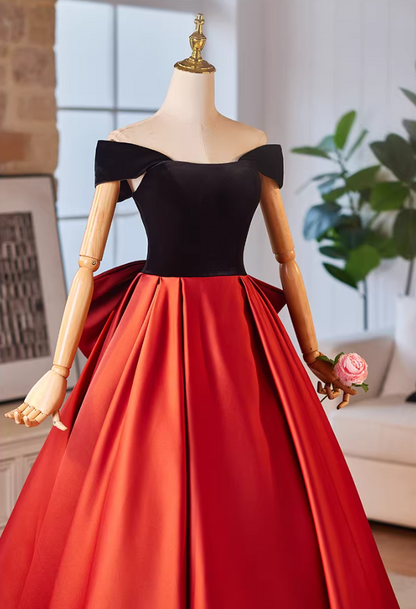 Trendy Off-Shoulder Velvet Satin A-Line Sweet 16th Dresses Bow Color-Blocked Prom Dress AP5225