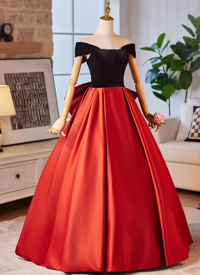 Trendy Off-Shoulder Velvet Satin A-Line Sweet 16th Dresses Bow Color-Blocked Prom Dress AP5225