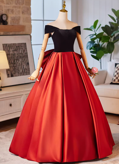 Trendy Off-Shoulder Velvet Satin A-Line Sweet 16th Dresses Bow Color-Blocked Prom Dress AP5225