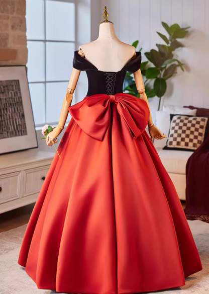 Trendy Off-Shoulder Velvet Satin A-Line Sweet 16th Dresses Bow Color-Blocked Prom Dress AP5225