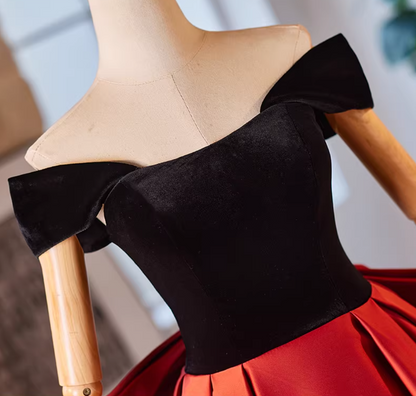 Trendy Off-Shoulder Velvet Satin A-Line Sweet 16th Dresses Bow Color-Blocked Prom Dress AP5225
