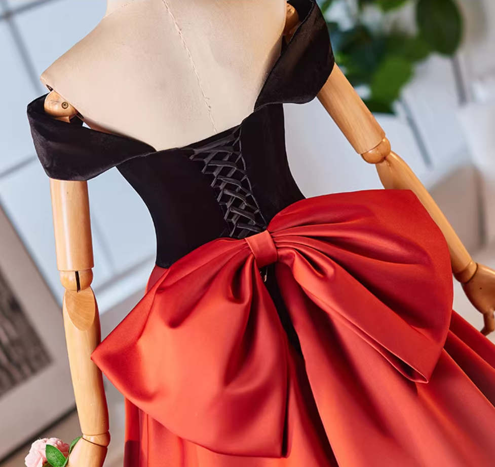 Trendy Off-Shoulder Velvet Satin A-Line Sweet 16th Dresses Bow Color-Blocked Prom Dress AP5225