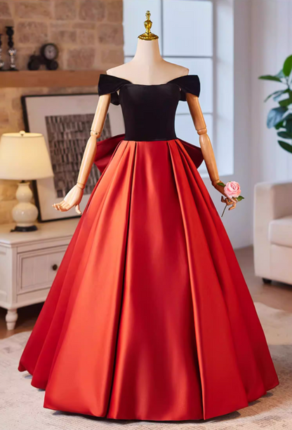 Trendy Off-Shoulder Velvet Satin A-Line Sweet 16th Dresses Bow Color-Blocked Prom Dress AP5225