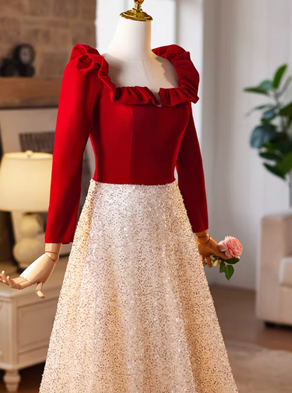 Attractive A-Line Ruffles Square Neck Sweet 16th Dresses Long Sleeve Sequins Tulle Prom Dress AP5226