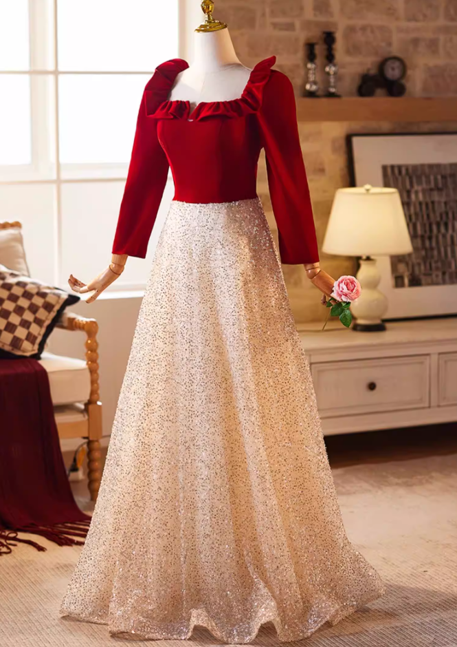 Attractive A-Line Ruffles Square Neck Sweet 16th Dresses Long Sleeve Sequins Tulle Prom Dress AP5226