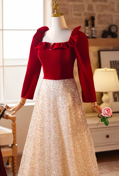Attractive A-Line Ruffles Square Neck Sweet 16th Dresses Long Sleeve Sequins Tulle Prom Dress AP5226