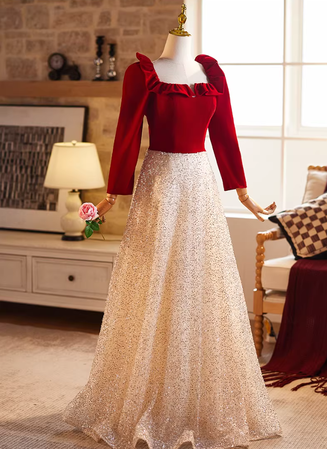 Attractive A-Line Ruffles Square Neck Sweet 16th Dresses Long Sleeve Sequins Tulle Prom Dress AP5226