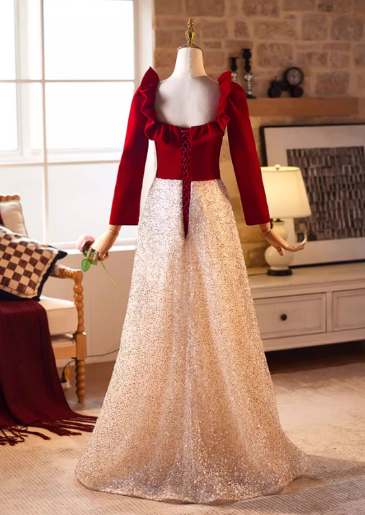 Attractive A-Line Ruffles Square Neck Sweet 16th Dresses Long Sleeve Sequins Tulle Prom Dress AP5226