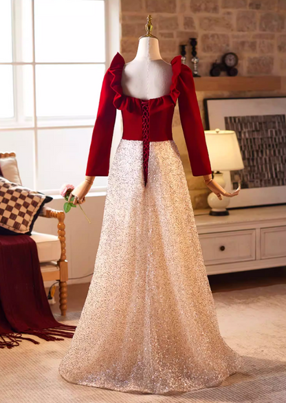 Attractive A-Line Ruffles Square Neck Sweet 16th Dresses Long Sleeve Sequins Tulle Prom Dress AP5226